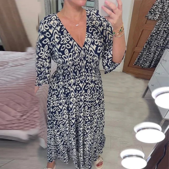 Bedrucktes Kleid mit V-Ausschnitt und weiten Ärmeln