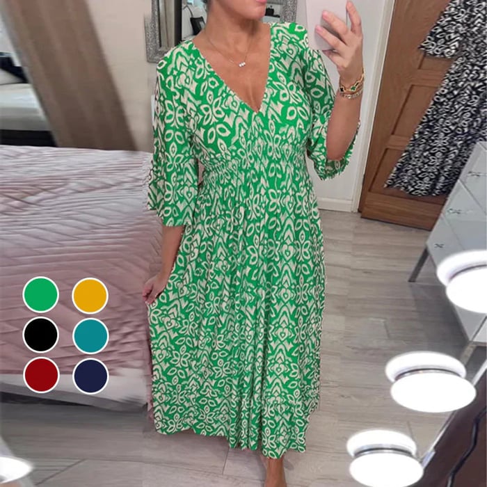 Bedrucktes Kleid mit V-Ausschnitt und weiten Ärmeln